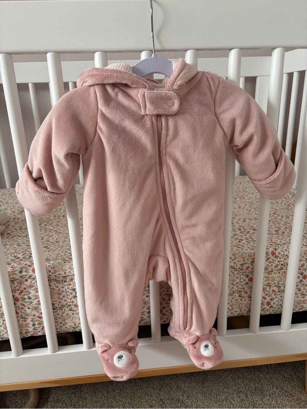 NWOT Carter's 3m Light Pink Hooded Fleece Baby Zipper Bear Footie